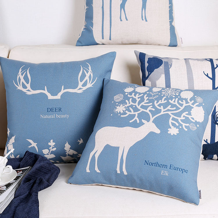 Blue elk retro cotton and linen pillowcase