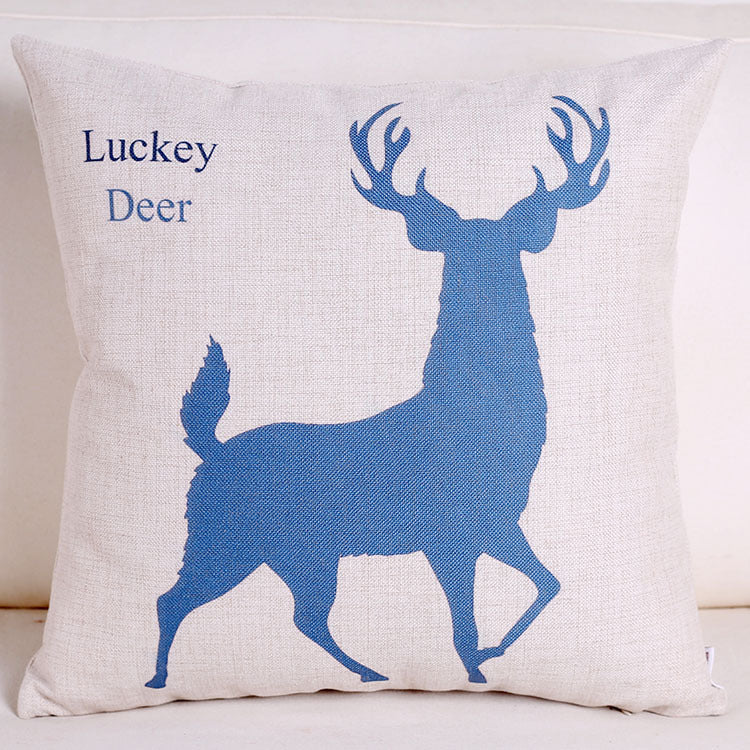 Blue elk retro cotton and linen pillowcase