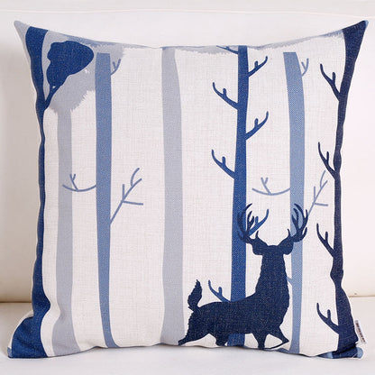 Blue elk retro cotton and linen pillowcase