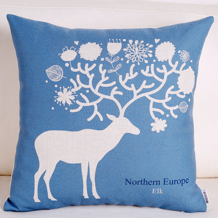 Blue elk retro cotton and linen pillowcase