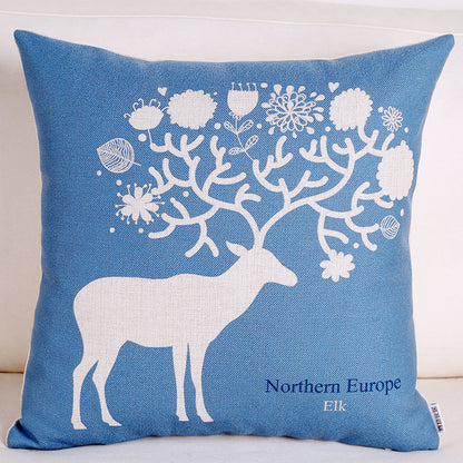 Blue elk retro cotton and linen pillowcase