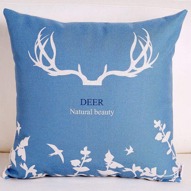 Blue elk retro cotton and linen pillowcase