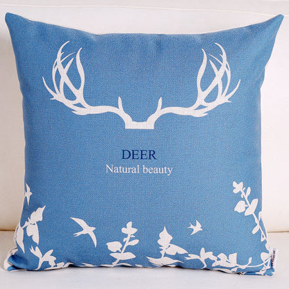 Blue elk retro cotton and linen pillowcase