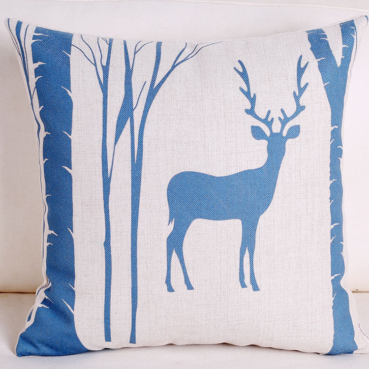 Blue elk retro cotton and linen pillowcase