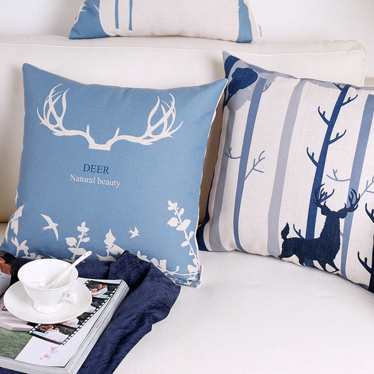 Blue elk retro cotton and linen pillowcase