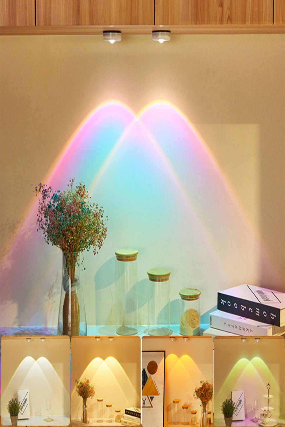 Decorative setup with rainbow light effect on a wall, books, and vases.